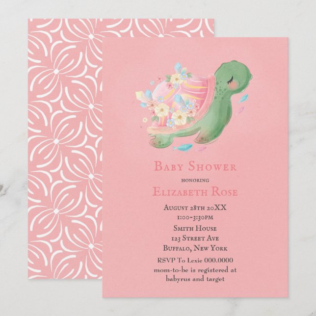 Adorable Petite Tortue Rose Baby shower Invitation (Devant / Derrière)