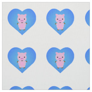 Adorable Pig with a Blue Heart in the Background Fabric