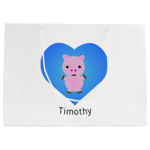 Adorable Pig with a Blue Heart in the Background Large Gift Bag
