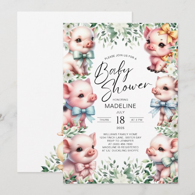 Adorable Pigs Greenery Baby Shower Invitation (Front/Back)