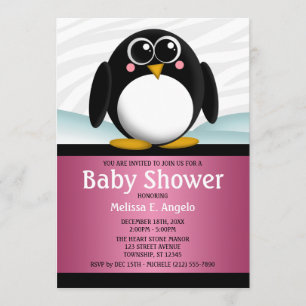 Adorable Pingouin rose Girl Baby Shower Invitation