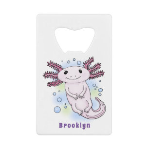 Adorable pink axolotl cartoon credit card bottle opener