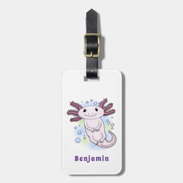 Adorable pink axolotl cartoon luggage tag (Front Vertical)
