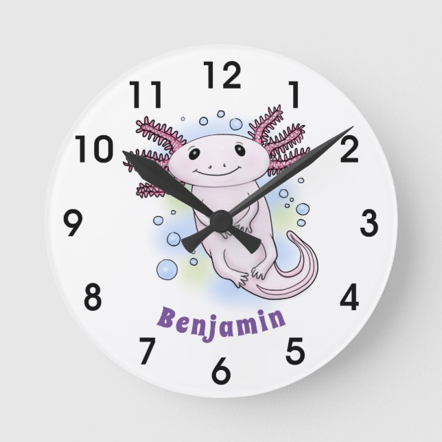 Adorable pink axolotl cartoon round clock (Front)