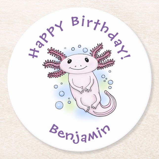 Adorable pink axolotl cartoon round paper coaster (Front)