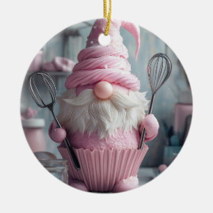 Adorable Pink Baking Gnome Cupcake Ceramic Ornament