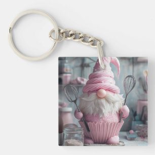 Adorable Pink Baking Gnome Cupcake Keychain