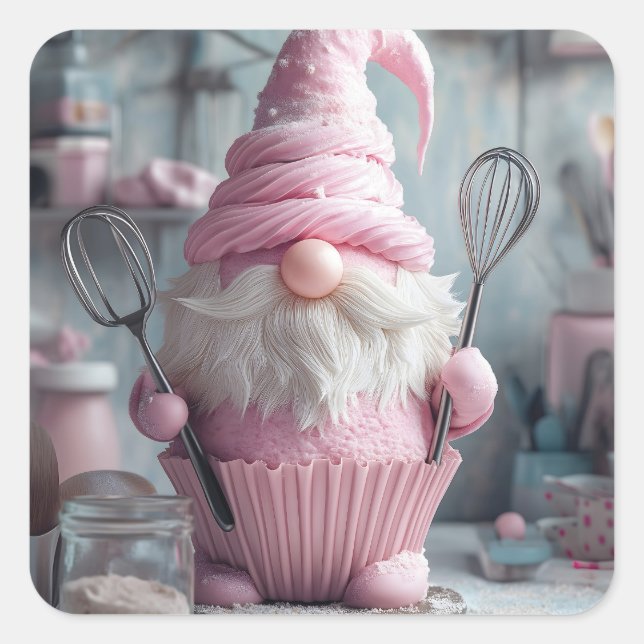  Adorable Pink Baking Gnome Cupcake Square Sticker (Front)
