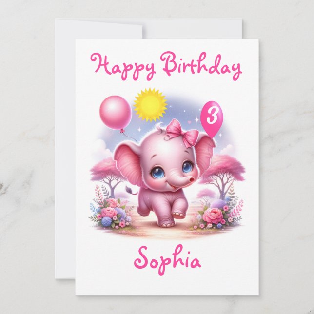Adorable Pink Birthday Elephant with Balloons Card (Front)