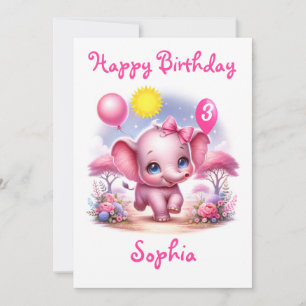 Adorable Pink Birthday Elephant with Balloons Card