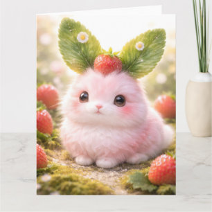 Adorable Pink Bunny Character with Strawberry Card
