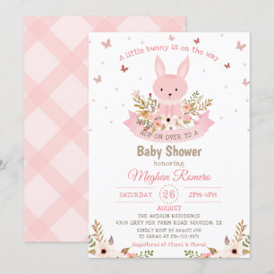 Adorable Pink Bunny with Flowers Baby Shower Invitation