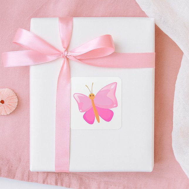 Adorable Pink Cartoon Butterfly  Square Sticker (Creator Uploaded)