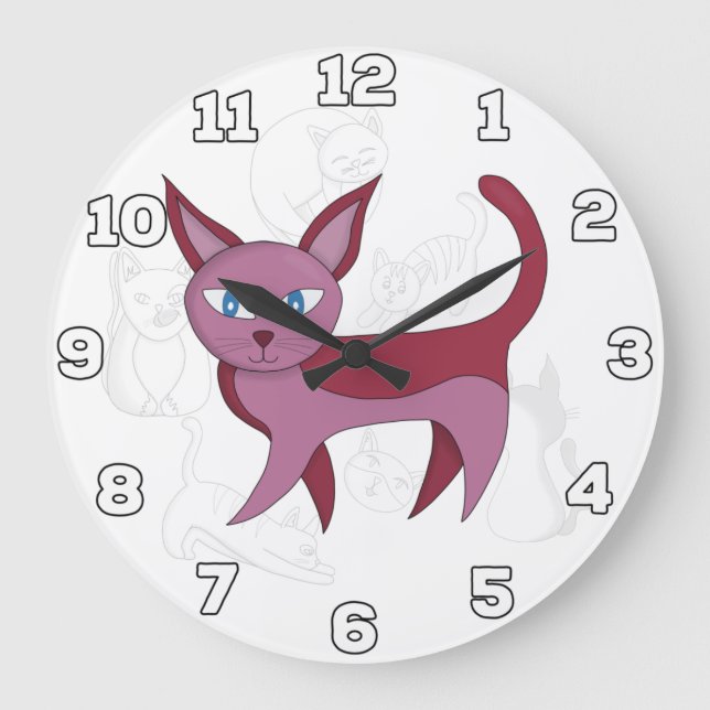 Adorable Pink Cat and Kitten Doodles Large Clock (Front)