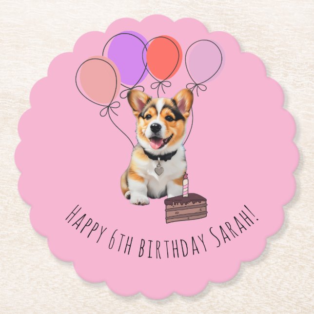 Adorable Pink Corgi Birthday Customizable Paper Coaster (Front)