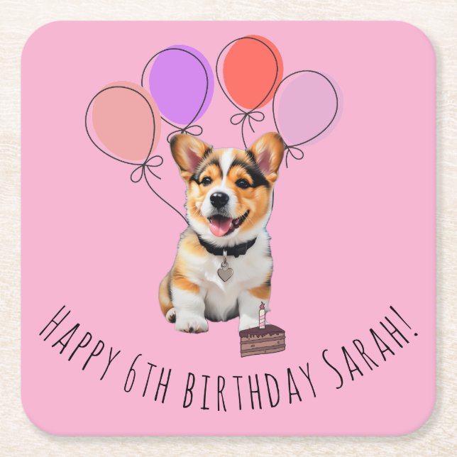 Adorable Pink Corgi Birthday Customizable Square Paper Coaster (Front)