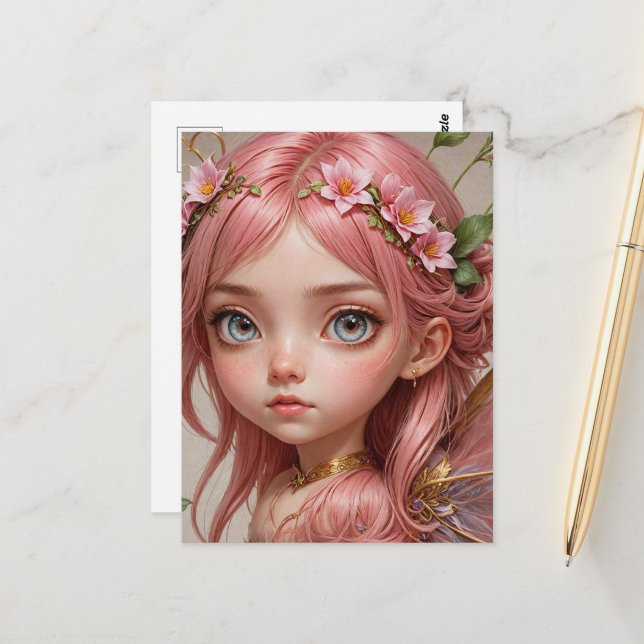Adorable Pink Fairy Postcard (Front/Back In Situ)