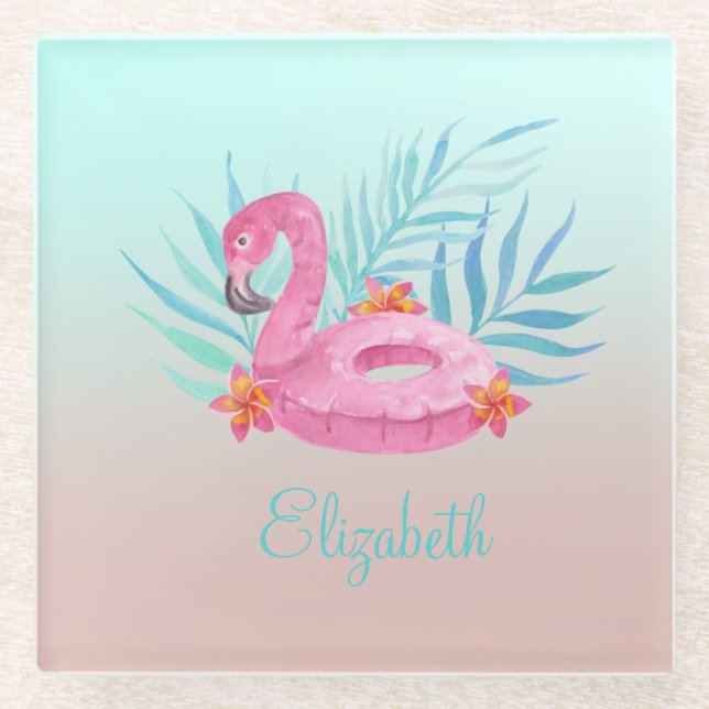 Adorable Pink Flamingo Palm Leaves Glass Coaster (Front)