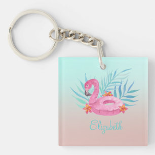 Adorable Pink Flamingo Palm Leaves  Keychain