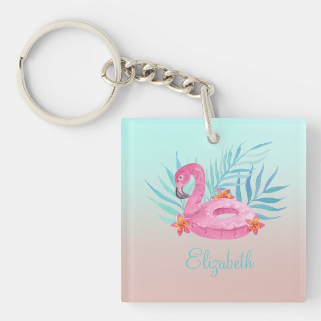 Adorable Pink Flamingo Palm Leaves  Keychain (Front)