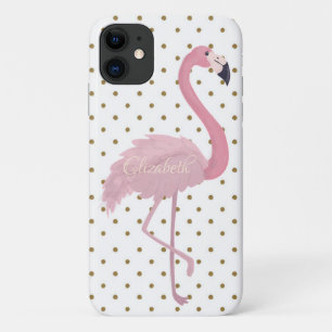 Adorable Pink Flamingo, Polka Dots-Personalized iPhone 11 Case