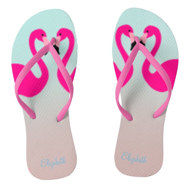 Adorable Pink Flamingos In Love Flip Flops (Footbed)