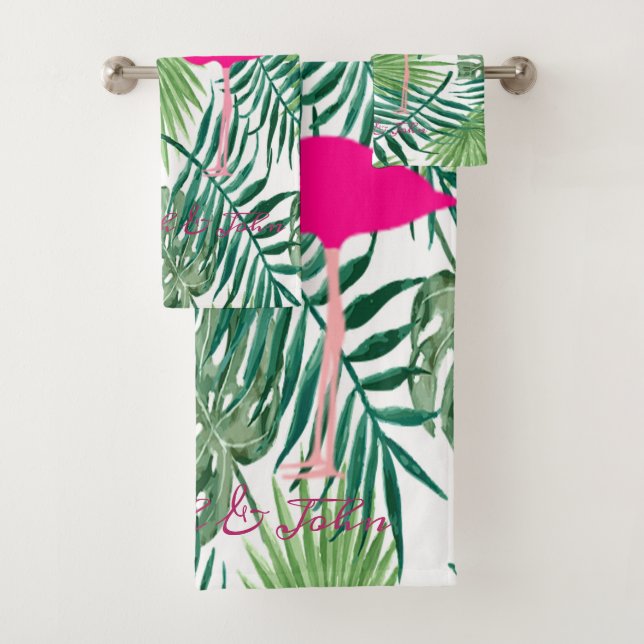 Adorable Pink Flamingos In Love, Palm Leaves Bath Towel Set (Insitu)