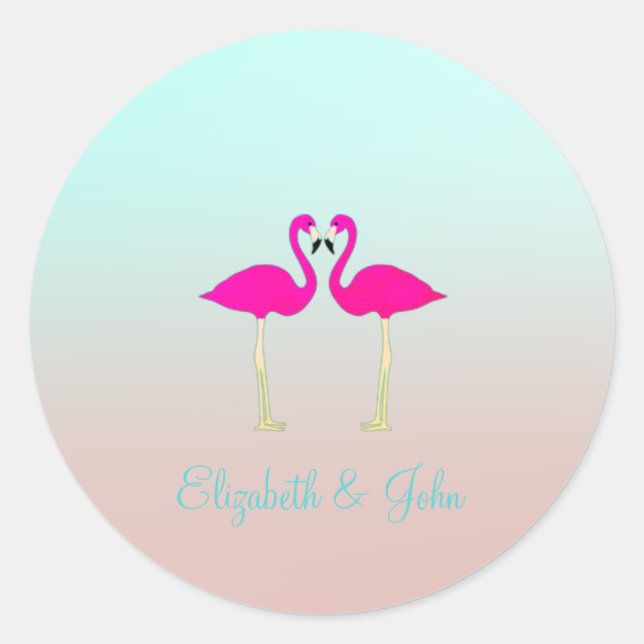 Adorable Pink Flamingos In Love-Personalized Classic Round Sticker (Front)
