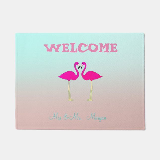 Adorable Pink Flamingos In Love-Personalized Doormat (Front)