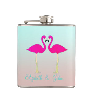 Adorable Pink Flamingos In Love-Personalized Hip Flask