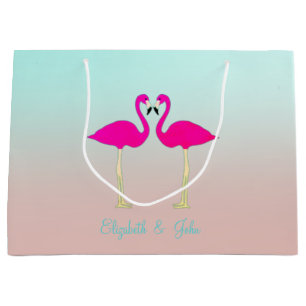 Adorable Pink Flamingos In Love-Personalized Large Gift Bag