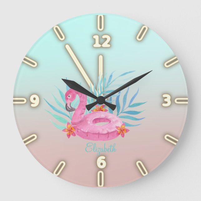 Adorable Pink Flamingos Palm Leaves Large Clock (Front)