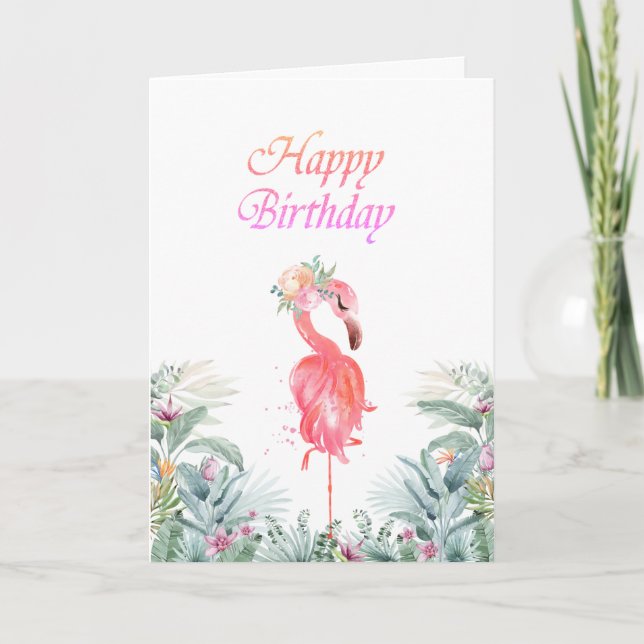 Adorable Pink Flamingos Tropical Flowers Birthday  Card (Front)