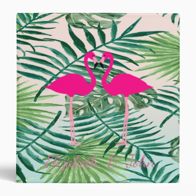 Adorable Pink Flamingos ,Tropical Palm Leaves Binder (Front)