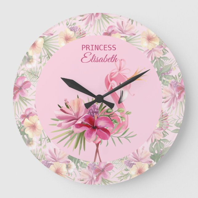 Adorable Pink Floral Flamingo Large Clock (Front)