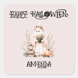 Adorable Pink Floral Kids Halloween Ghost Square Sticker