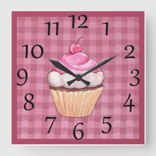 Adorable Pink Gingham Cupcake Wall Clock