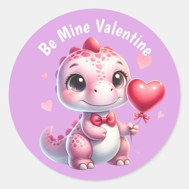 Adorable Pink Heart Balloon Dinosaur Valentine Classic Round Sticker (Front)