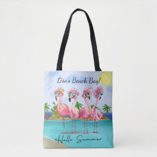 Adorable Pink Hello Summer Flamingos on Beach Tote Bag