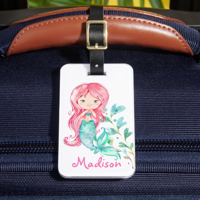 Adorable Pink Mermaid Girls Luggage Tag (Front Insitu 2)