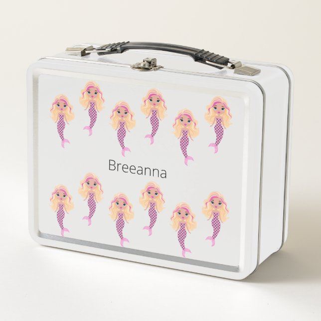 Adorable Pink Mermaid Metal Lunch Box (Front)
