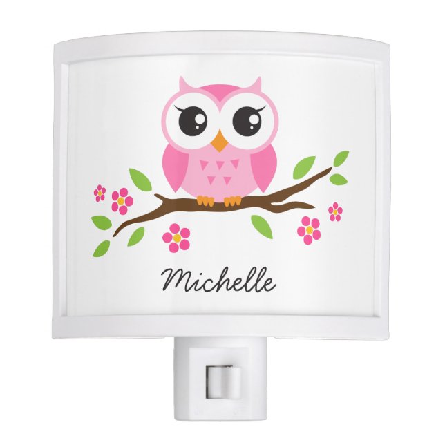Adorable pink owl on branch personalized name nite lights (Front)