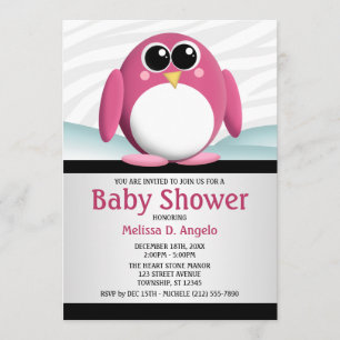 Adorable Pink Penguin Baby Shower Invitations