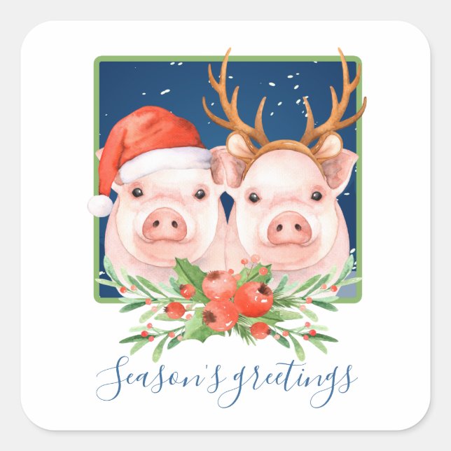Adorable Pink Pig Couple Christmas Square Sticker (Front)
