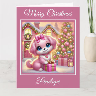 Adorable Pink Puppy at a Christmas Cottage Card
