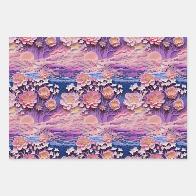 Adorable Pink Purple Pastel Floral Cutout Pattern Wrapping Paper Sheet (Front)