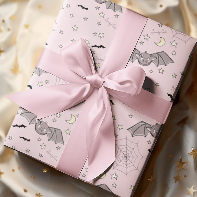 Adorable Pink Spooky Cute Bats Halloween Wrapping Paper (Adorable Kids Halloween Spooky Cute Bats, Moons, Stars, Spider Webs & Hand-written "Spooky Cute".)