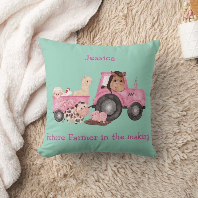 Adorable pink tractor & trailer with farm animals throw pillow (Blanket)