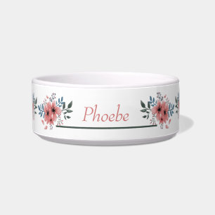 Adorable Pink White Floral Personalized Pet Bowl