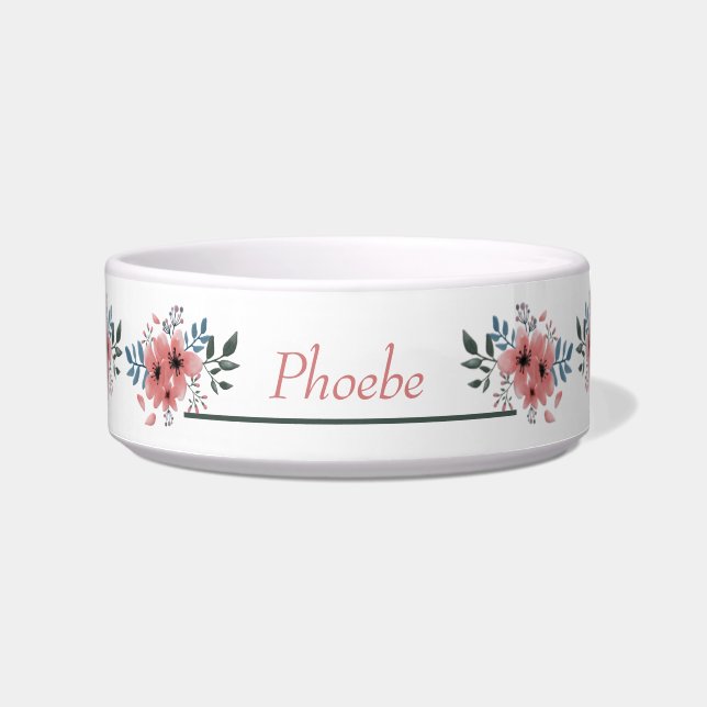 Adorable Pink White Floral Personalized Pet Bowl (Front)
